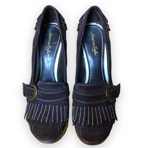 AMERICAN EAGLE | RETRO ELEANOR BROWN SUEDE LOAFER PLATFORM HEELS SZ 7.5